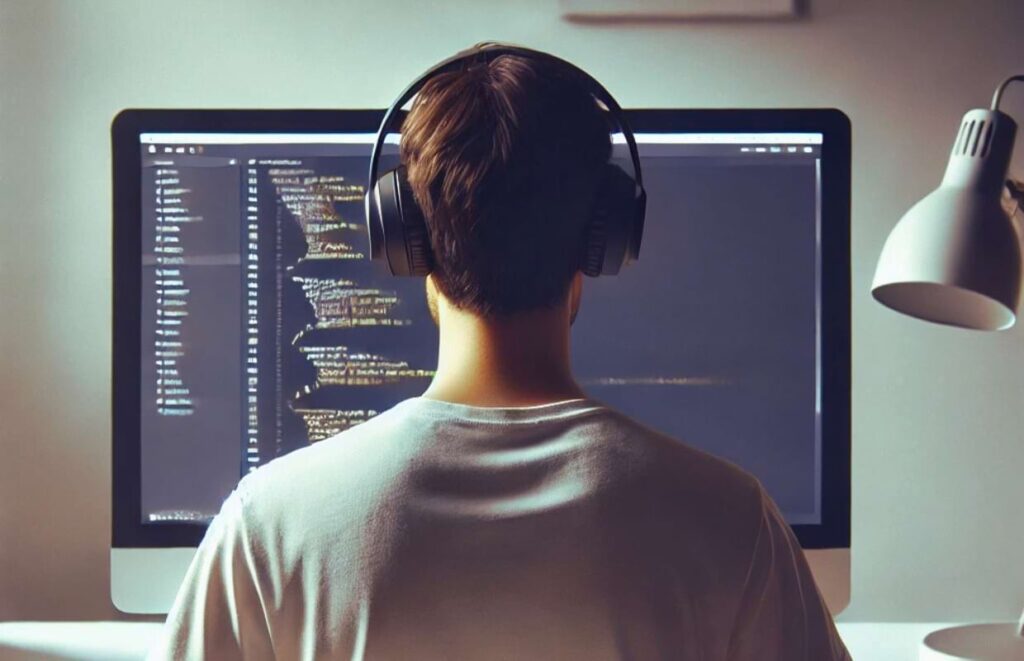 Imagem de programador com fones de ouvido escutando música