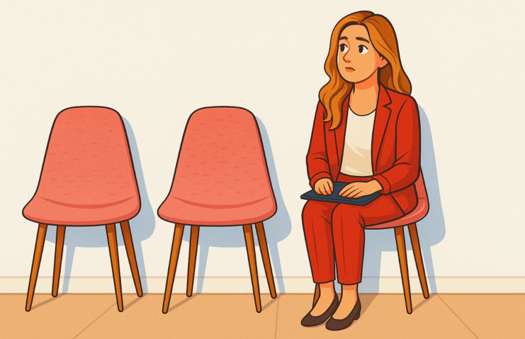 Ilustração de mulher com terno vermelho sentada em sala de espera com três cadeiras, aguardando entrevista de emprego.