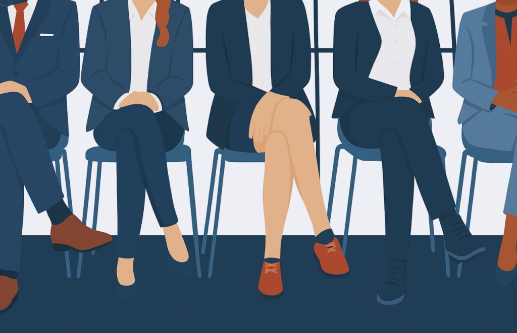 Ilustração de candidatos aguardando sentados, representando a importância de se preparar para a entrevista de emprego com postura e roupas adequadas.
