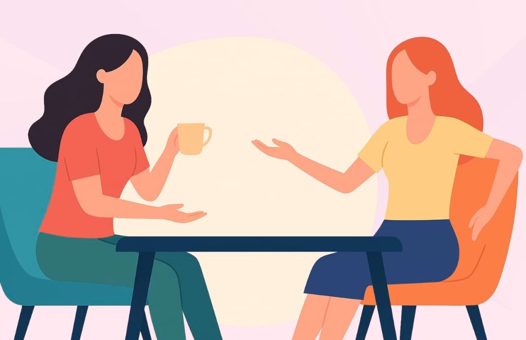 Ilustração em estilo flat de duas mulheres conversando sentadas em poltronas, representando a prática de escuta ativa no trabalho.